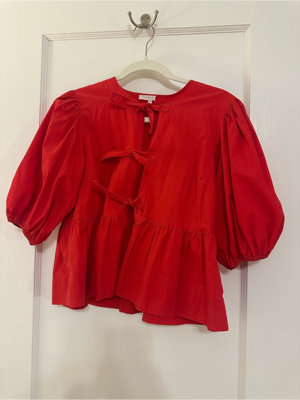 Olivaceous Red Tie-Front Peplum Puff-Sleeve Top